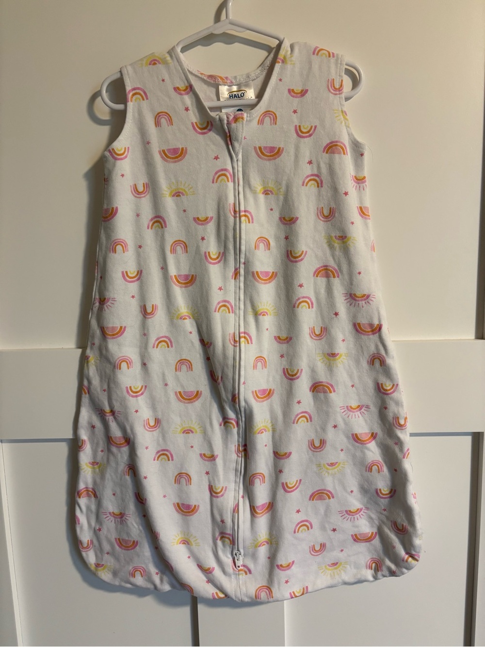 Halo White Sleep Sack with Pink & Yellow Rainbow Motif